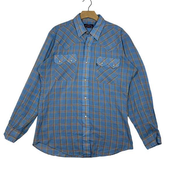Vintage Levi Strauss Blue Plaid Lightweight Pearl‎ Snap Button Up Medium - Picture 1 of 6